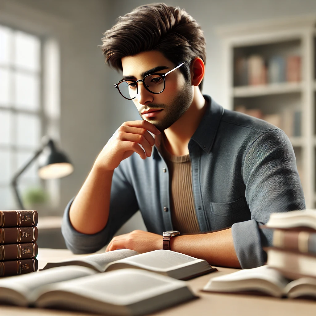 DALL·E 2024 10 04 13.12.55 A realistic image of an Indian male student with glasses sitting at a desk with books studying. He has short black hair is focused on reading with