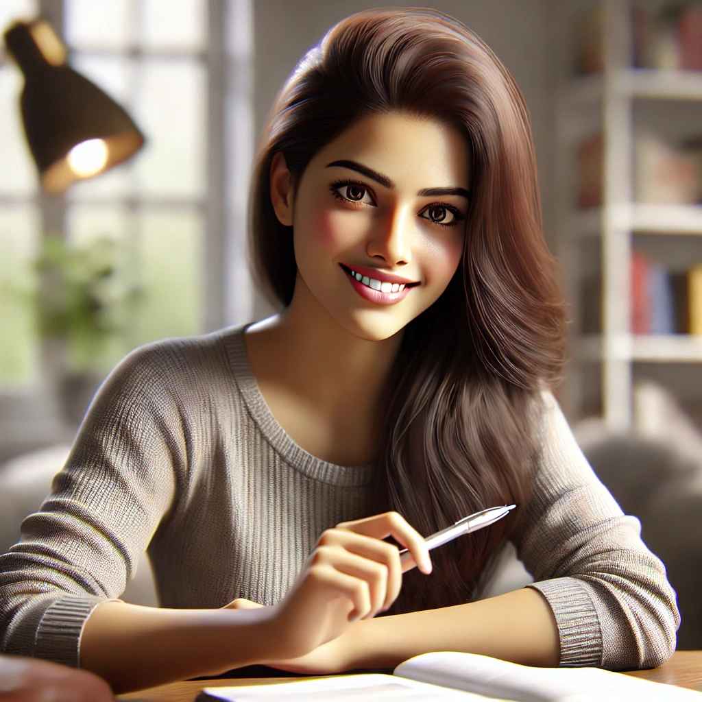 DALL·E 2024 10 04 13.15.15 A realistic image of an Indian female student holding a pen smiling confidently. She has long dark hair wearing casual clothing and is seated at a 